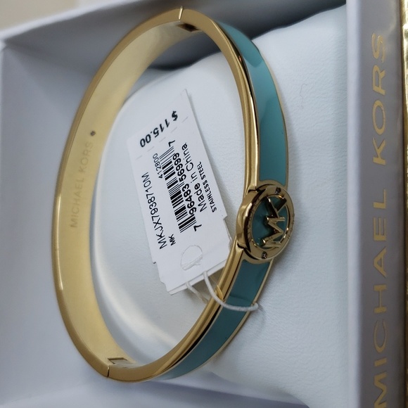 NWT MICHAEL KORS MK LOGO GOLD & TURQUOISE ENAMEL BANGLE BRACELET - Picture 6 of 11